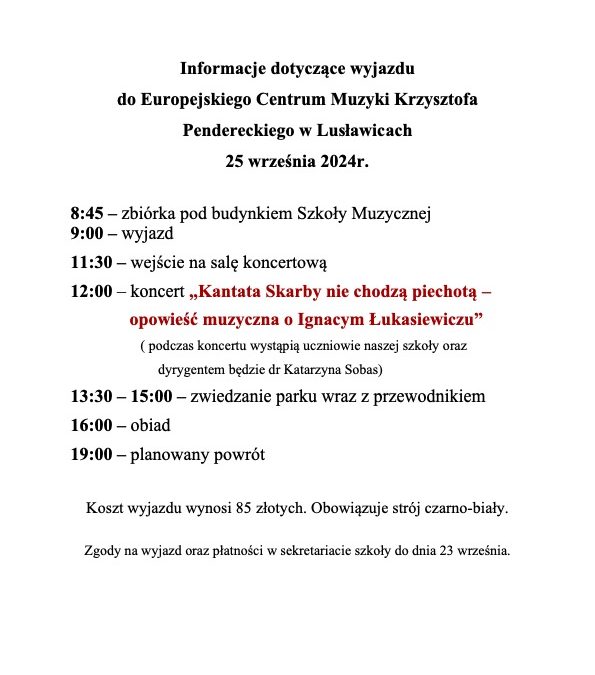 Informacje dotyczące wyjazdu: