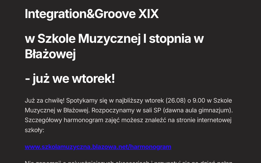Warsztaty perkusyjne Integration&Groove XIX – szczegółowe informacje organizacyjne: