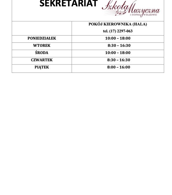 Sekretariat – AKTUALIZACJA (godziny otwarcia)